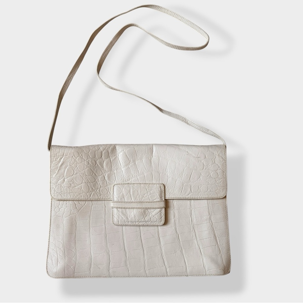 Vintage Furla Bag Envelope Croc Embossed Leather Off White Structured Purse
